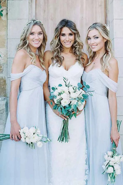 A-Line Off the Shoulder Long Chiffon Boho Bridesmaid Dress