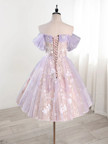 A-Line Sequins Off Shoulder Tulle Lace Purple Short Prom Dress Homecoming Dress