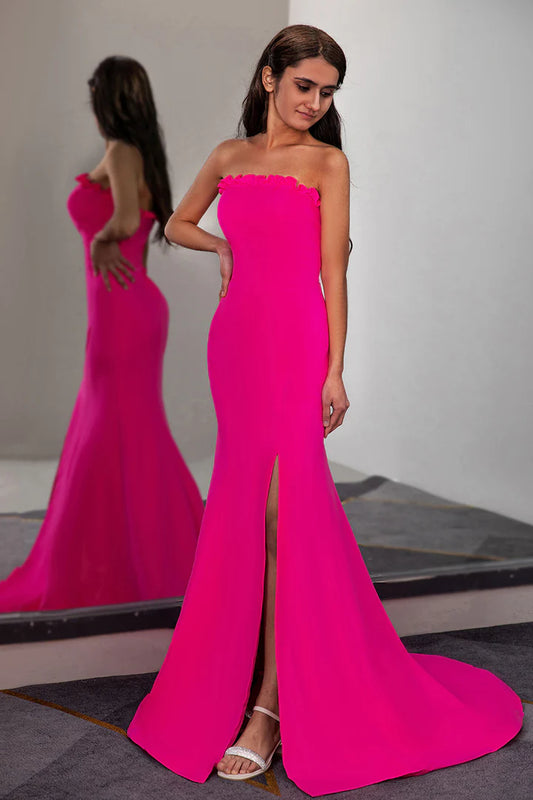 Fuchsia Fitted Strapless Ruffle Prom Dress With Slit Sweep/Brush Train Dresses