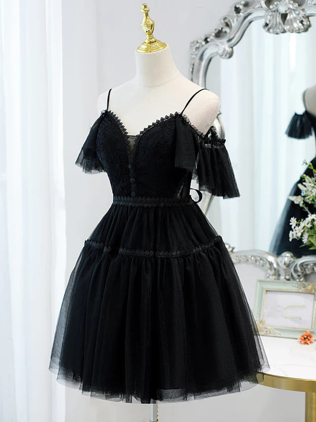 Black Sweetheart Straps Tulle Homecoming Dress Off Shoulder Prom Dress