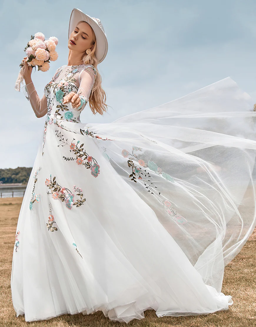 A Line Princess Tulle Long Sleeves Wedding Dress with Embroidery