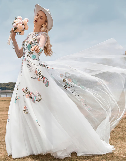 A Line Princess Tulle Long Sleeves Wedding Dress with Embroidery