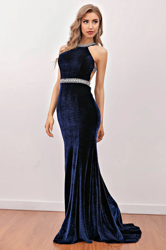 Navy Mermaid Velvet Long Prom Dress Halterneck Evening Dresses With Sweep Train