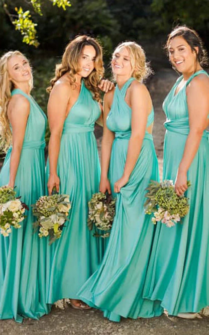 A Line Halter Neck Jersey Bridesmaid Dress With Half Sleeves