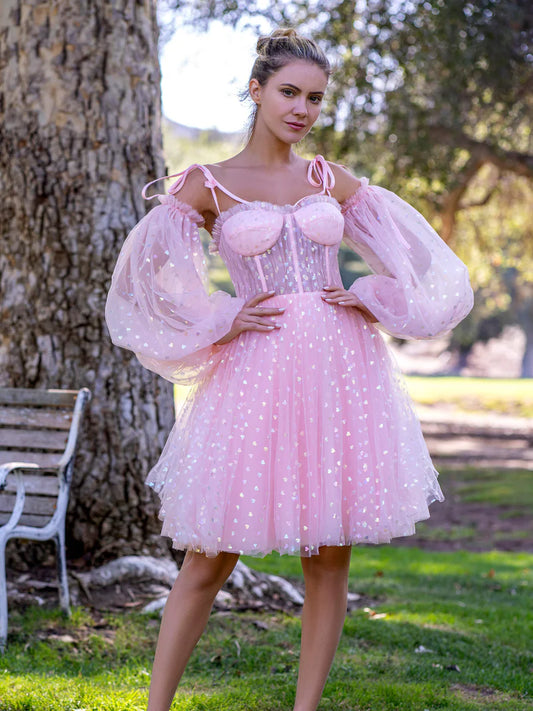 A-Line Princess Corset Glitter Hearts Above Knee Length Tulle Dress