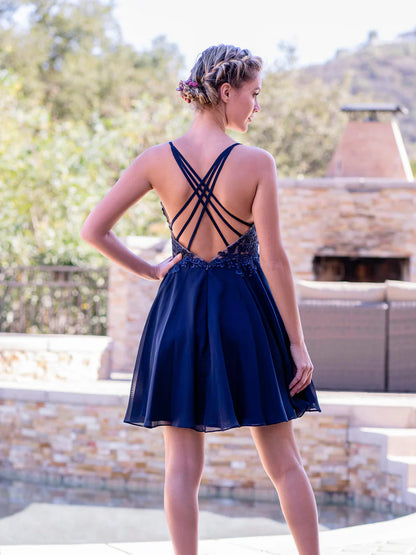 Cute A-Line Deep V-applique Back Lace Up Mini Length Homecoming Dress