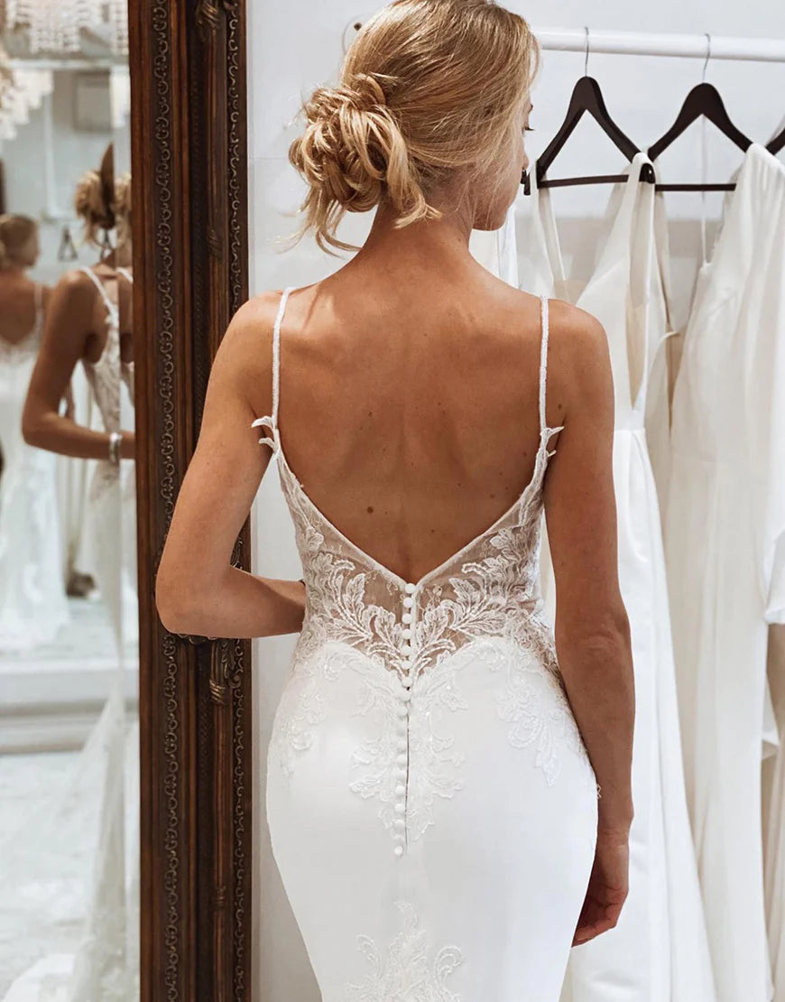 Mermaid Lace Spaghetti Straps Backless Wedding Dress