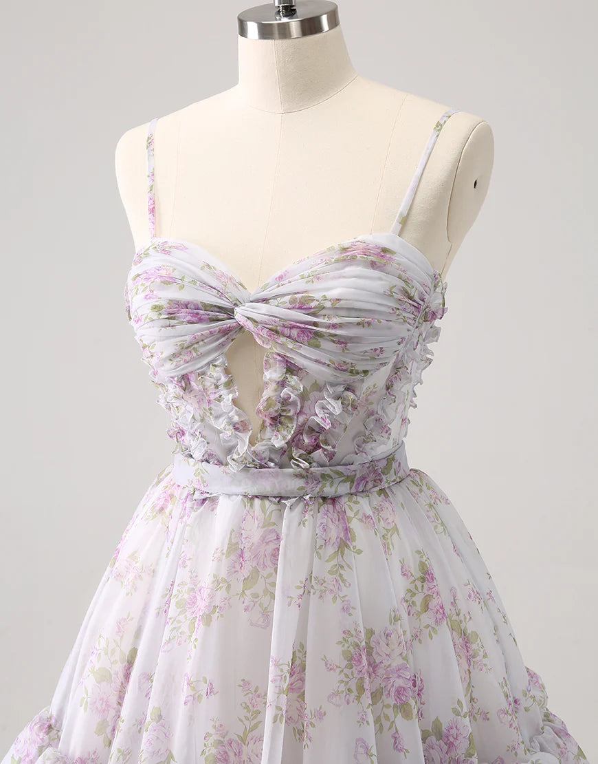 Lilac A-Line Floral Prints Ruffled Tiered Tulle Homecoming Dress