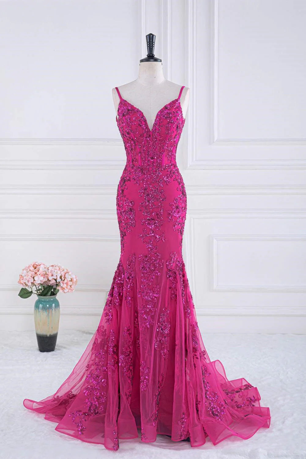 Magenta Sequin Straps V-Neck Sequin Appliques Mermaid Prom Dress