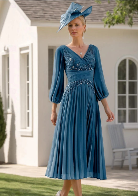 A-Line Mother of the Bride Dress V Neck Tea Length Chiffon 3/4 Length Sleeve with Lace