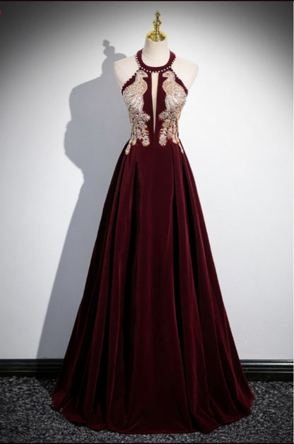 Halter Burgundy Velvet Prom Dress With Beading Peacock