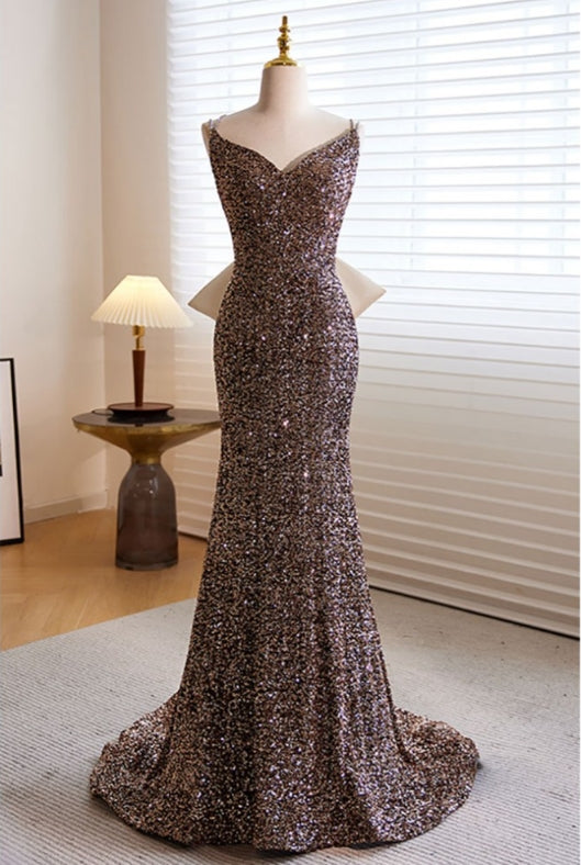 Sparkly Mermaid Slim Long Evening Prom Dress With Bow In Back