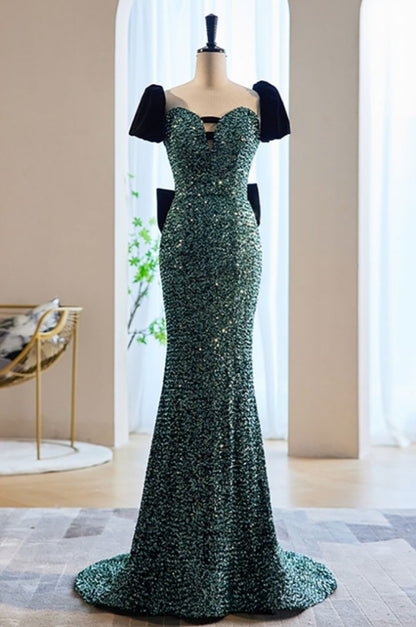 Green Mermaid Sequined Evening Detachable Sleeve Prom Dress With Big Bow