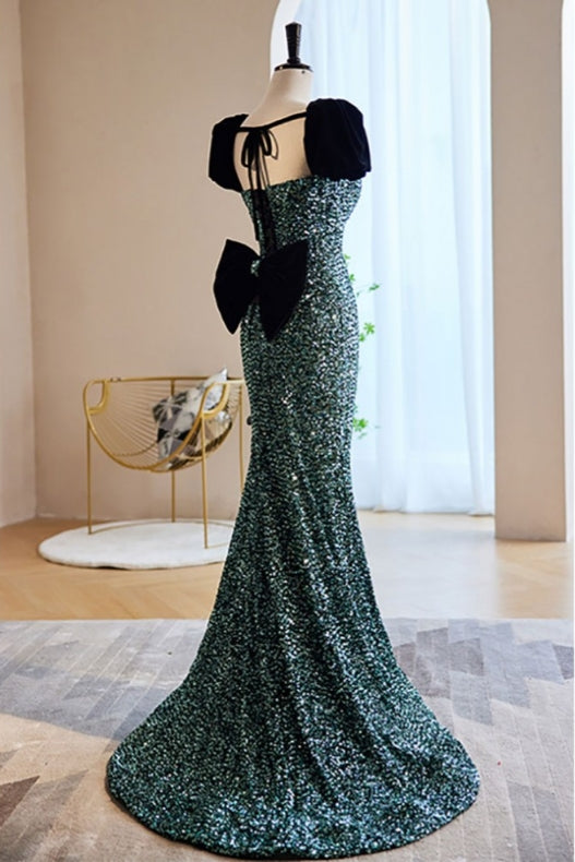 Green Mermaid Sequined Evening Detachable Sleeve Prom Dress With Big Bow