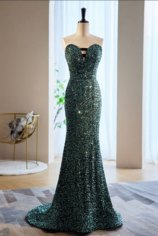 Green Mermaid Sequined Evening Detachable Sleeve Prom Dress With Big Bow