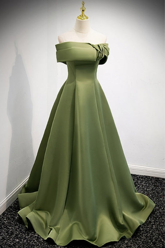 Elegant Green Satin Off Shoulder Prom Dress Formal Evening Dress