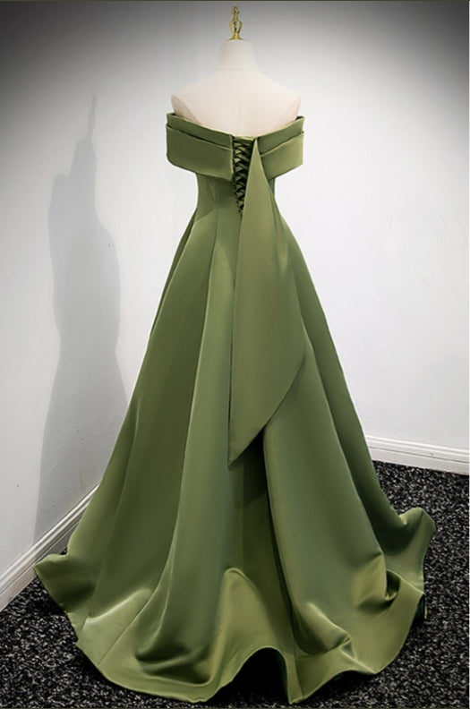 Elegant Green Satin Off Shoulder Prom Dress Formal Evening Dress