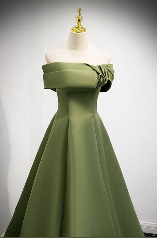 Elegant Green Satin Off Shoulder Prom Dress Formal Evening Dress