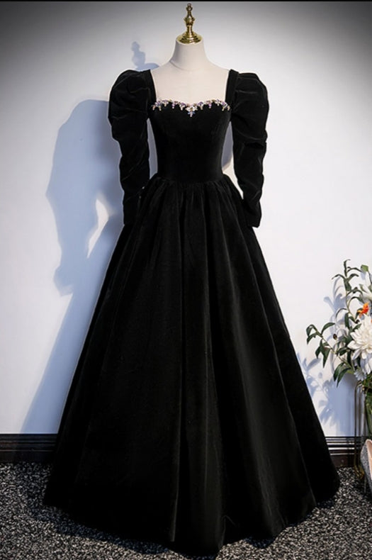 Black Strapless Velvet Prom Dress With Removable Sleeves Evening Dress