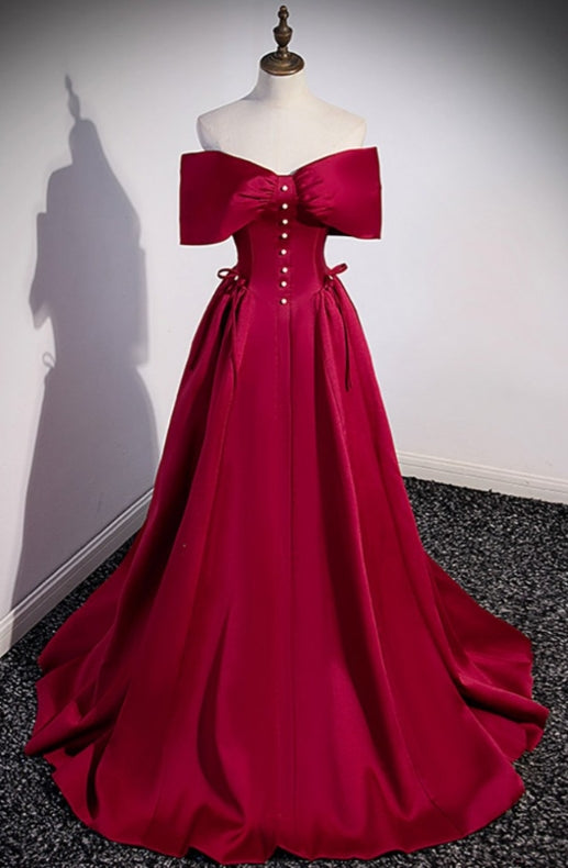 A-Line Burgundy Long Satin Prom Dress Evening Dress With Beading