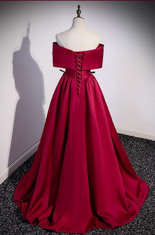 A-Line Burgundy Long Satin Prom Dress Evening Dress With Beading