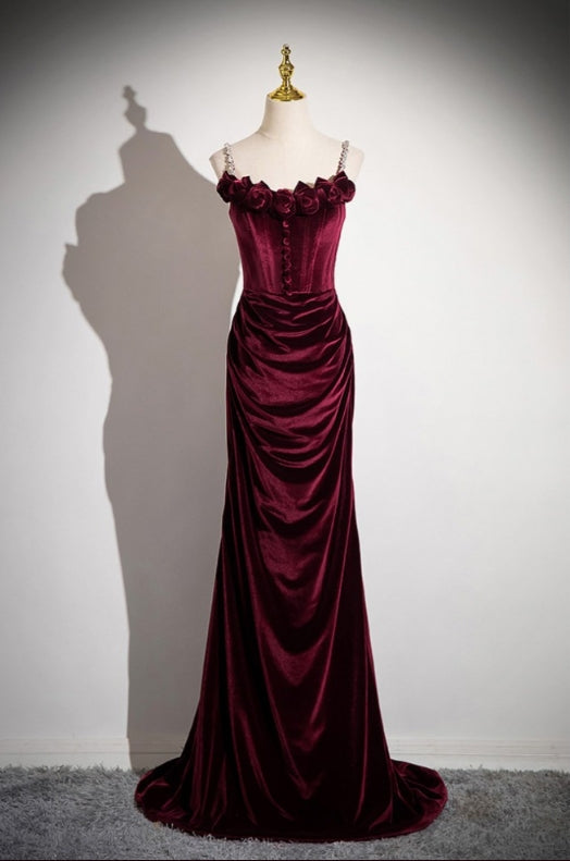 Elegant Velvet Burgundy Floor-length Prom Dress With Flower Neck