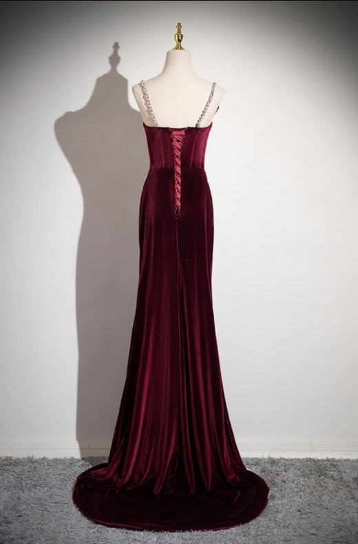 Elegant Velvet Burgundy Floor-length Prom Dress With Flower Neck