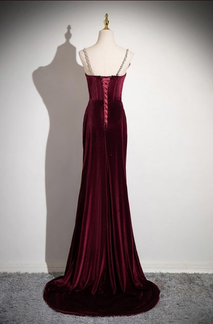 Elegant Velvet Burgundy Floor-length Prom Dress With Flower Neck