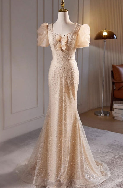 Champagne Mermaid Long Bubble Sleeved Prom Dress With Beadings