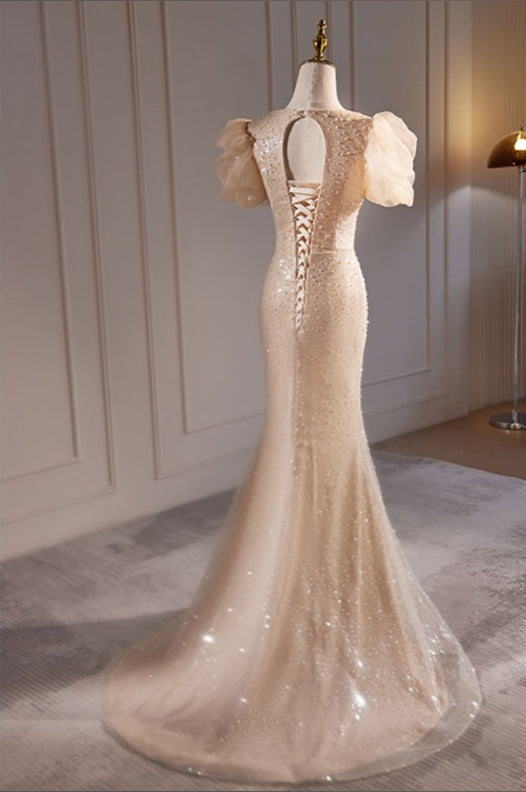 Champagne Mermaid Long Bubble Sleeved Prom Dress With Beadings