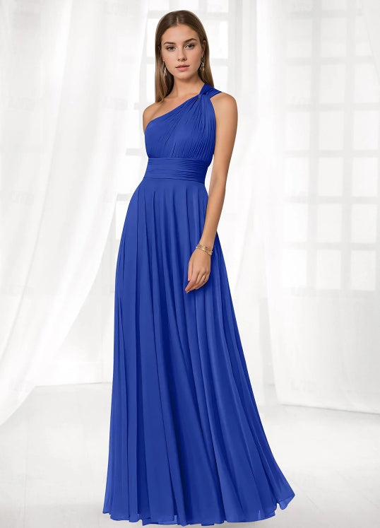 Sheath / Column Wedding Guest Dresses Floor Length One Shoulder Chiffon with Pleats