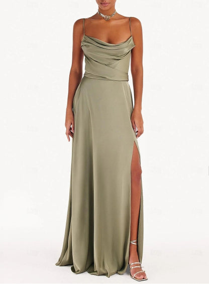 A-Line Wedding Guest Dresses Floor Length Sleeveless Spaghetti Strap Satin with Ruched