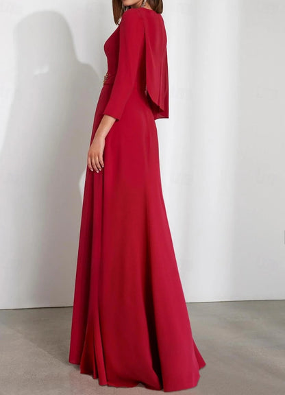 Column Wedding Guest Dresses Floor Length Long Sleeve Jewel Neck Stretch Chiffon