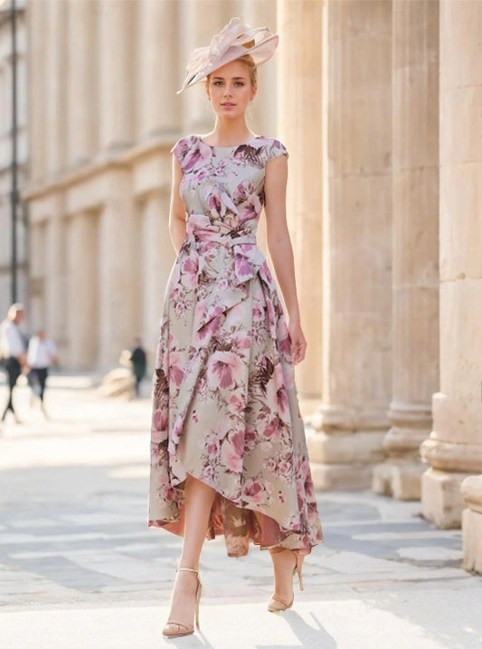 A-Line Wedding Guest Dress Floral Dress Vintage V Neck Satin Polyester Short Sleeve with Bow(s) Flower