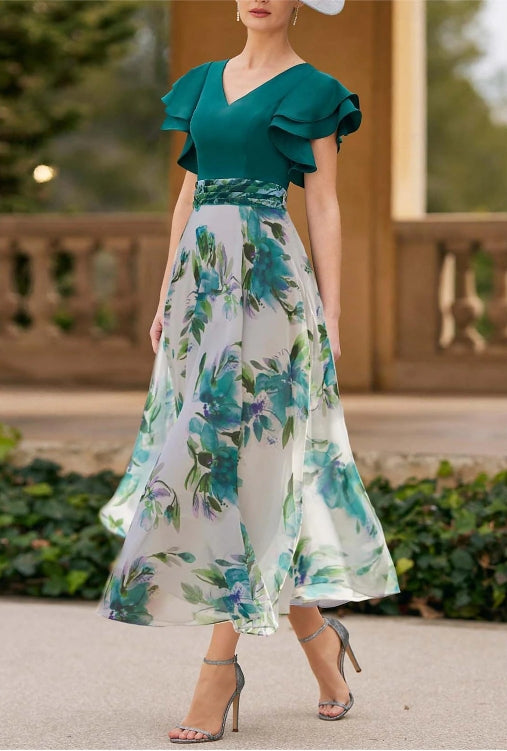 A-Line Wedding Guest Dress V Neck Ankle Length Chiffon 3/4 Length Sleeve Half Sleeve with Sash / Ribbon Ruched Cascading Ruffles