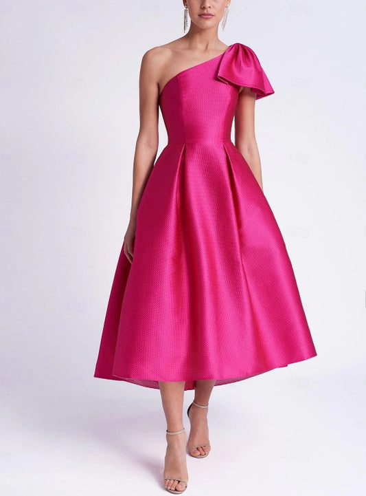 A-Line Wedding Guest Dresses Cocktail Party Tea Length Sleeveless One Shoulder Pocket Satin with Bow(s)