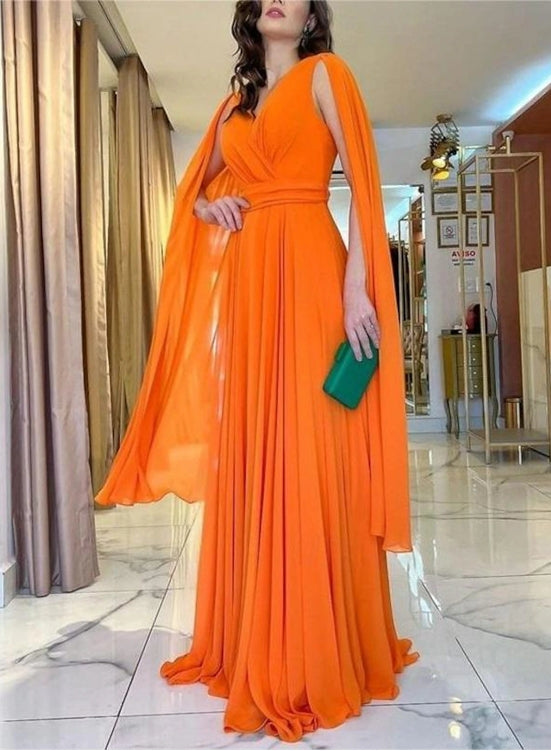 A-Line Wedding Guest Dresses Floor Length Long Sleeve V Neck Chiffon with Ruched