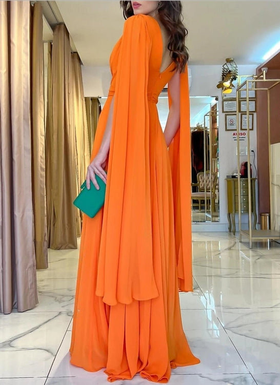 A-Line Wedding Guest Dresses Floor Length Long Sleeve V Neck Chiffon with Ruched