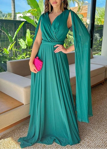 A-Line Wedding Guest Dresses Floor Length Long Sleeve V Neck Chiffon with Ruched