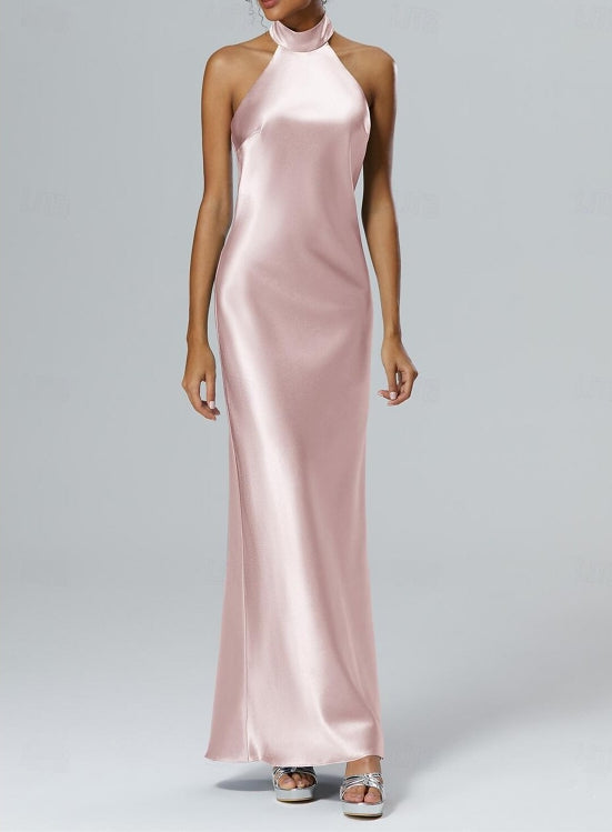 Sheath / Column Wedding Guest Dresses Formal Floor Length Sleeveless Halter Neck Imitation Silk with Slit