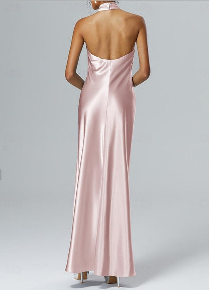 Sheath / Column Wedding Guest Dresses Formal Floor Length Sleeveless Halter Neck Imitation Silk with Slit