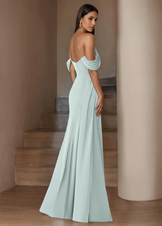 A-Line Wedding Guest Dresses Floor Length Sleeveless Off Shoulder Silk with Ruched Slit