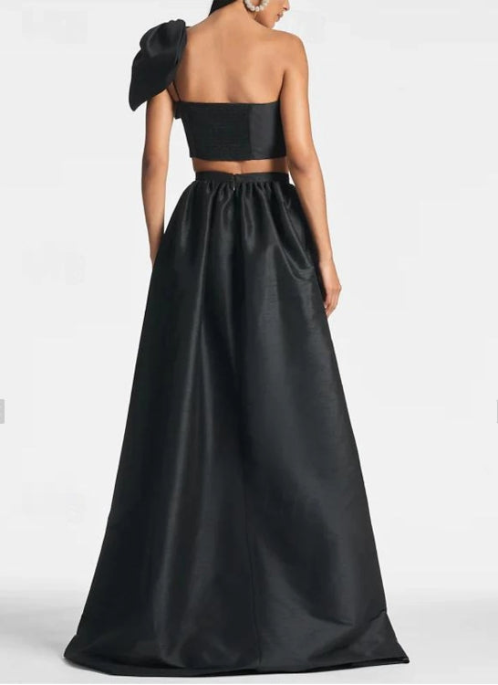 A-Line Wedding Guest Dresses Formal Black Tie Floor Length One Shoulder Pocket Satin with Bow(s)