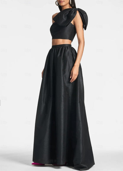 A-Line Wedding Guest Dresses Formal Black Tie Floor Length One Shoulder Pocket Satin with Bow(s)