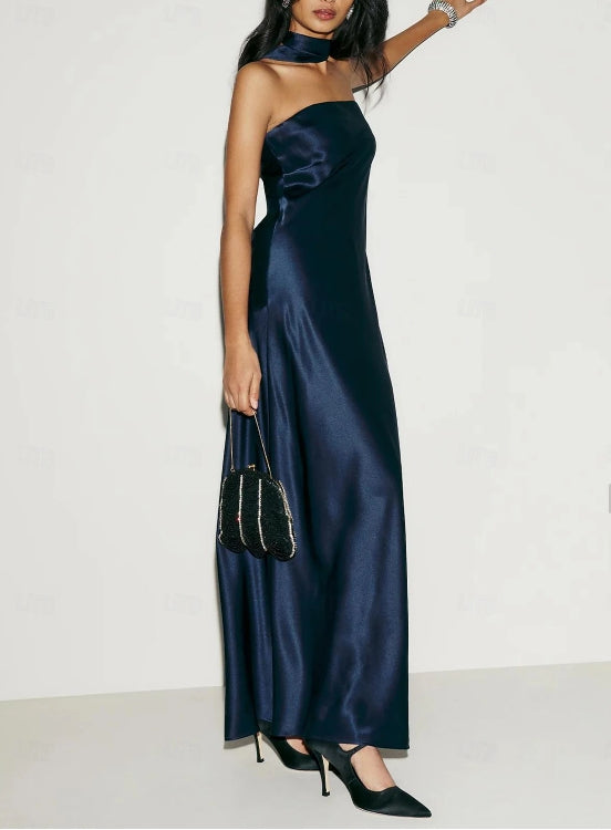 Sheath Wedding Guest Dresses Floor Length Sleeveless Strapless Satin with Strappy