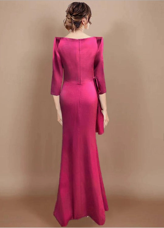 Sheath / Column Wedding Guest Dresses Floor Length Long Sleeve Cowl Neck Belt / Sash Satin with Bow(s)