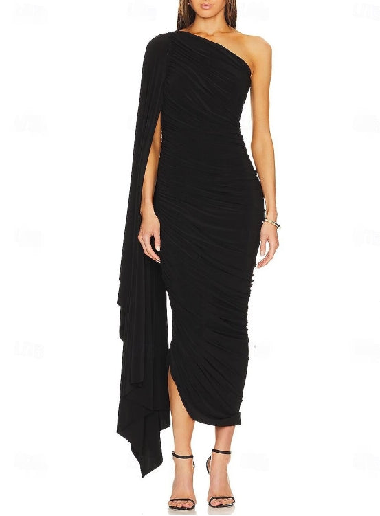 Column Black Wedding Guest Dresses Black Tie Ankle Length Sleeveless One Shoulder Spandex Backless with Ruched