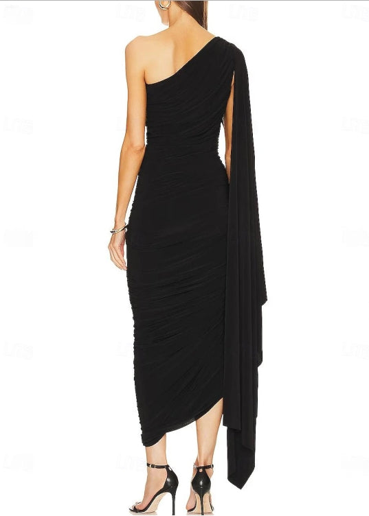 Column Black Wedding Guest Dresses Black Tie Ankle Length Sleeveless One Shoulder Spandex Backless with Ruched