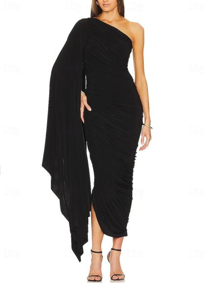 Column Black Wedding Guest Dresses Black Tie Ankle Length Sleeveless One Shoulder Spandex Backless with Ruched