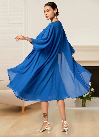 A Line Chiffon Tiered Party Wedding Guest Elegant Formal Crew Neck Long Sleeve Royal Blue Color